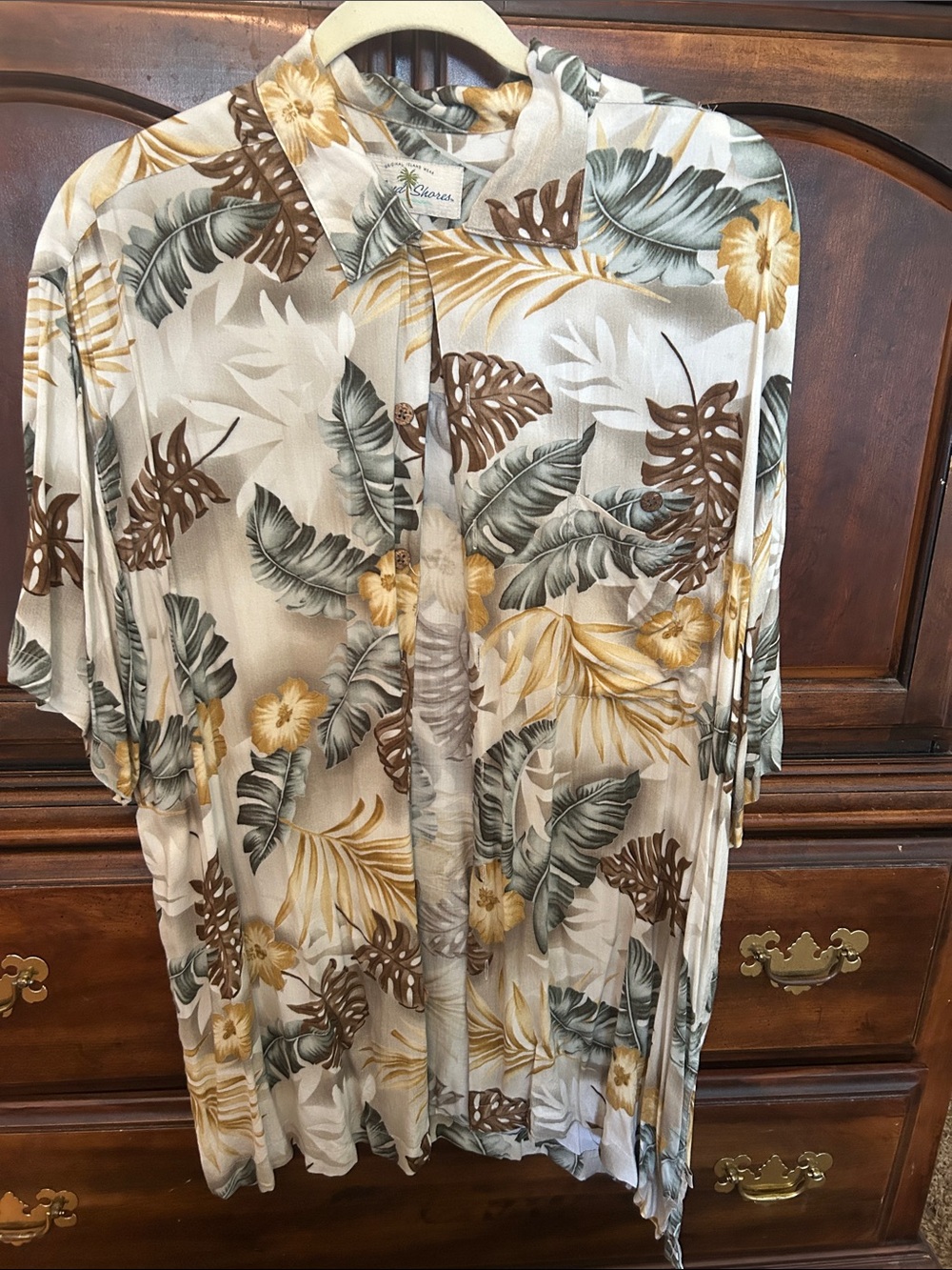 Casual Tropical Print Button-Down Shirt - Beige, Brown & Green